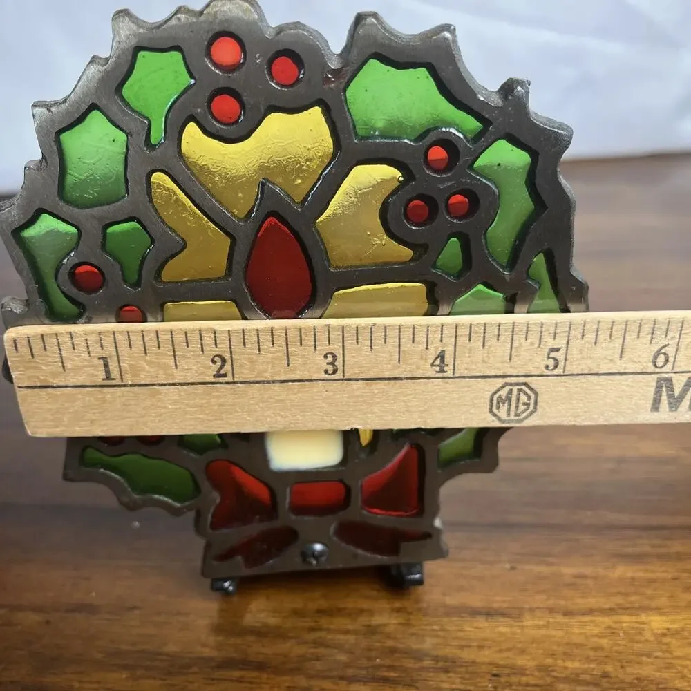 Vintage Stained Glass & Cast-Iron Christmas Tea Light Candle Holder Holiday Core